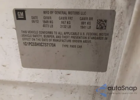 2012 Chevrolet Cruze Ls z USA, uszkodzony, nr VIN 1G1PC5SH0C7371704